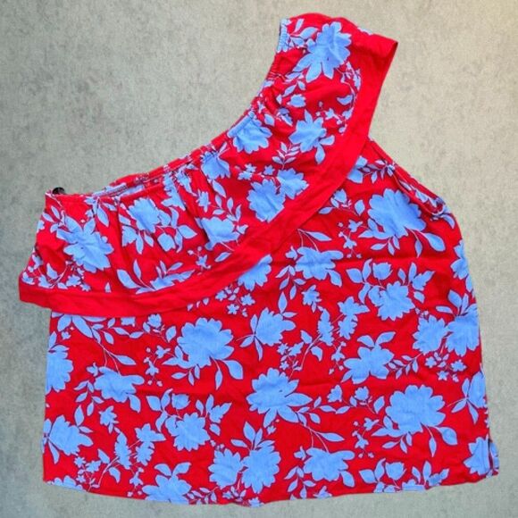 Gibson Womens Blouse Size 1X Red Floral One Shoulder Slim Ruffle Peplum Top NEW! - Picture 3 of 12